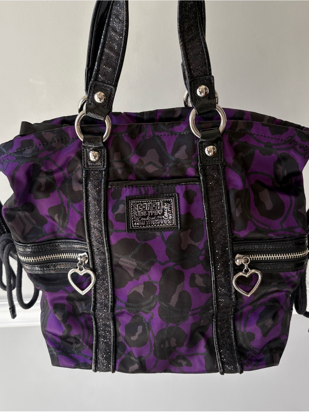 Coach Poppy Purple and Black Leopard-Print Ocelot Daisy Glam Glitter Tote Bag